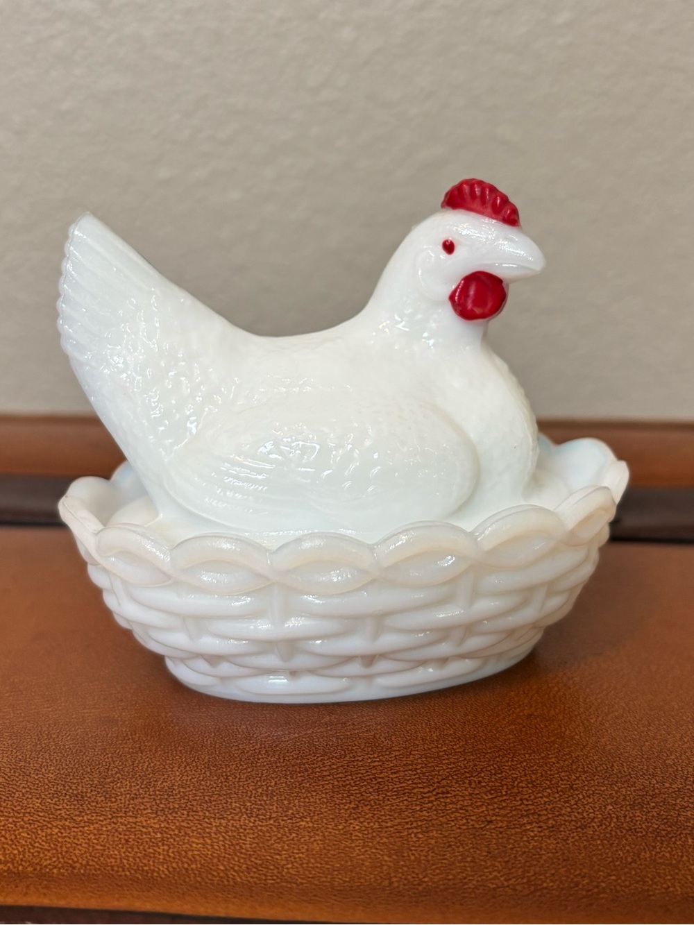 Vintage Milk Glass Hen on Nest Dish with Red Details